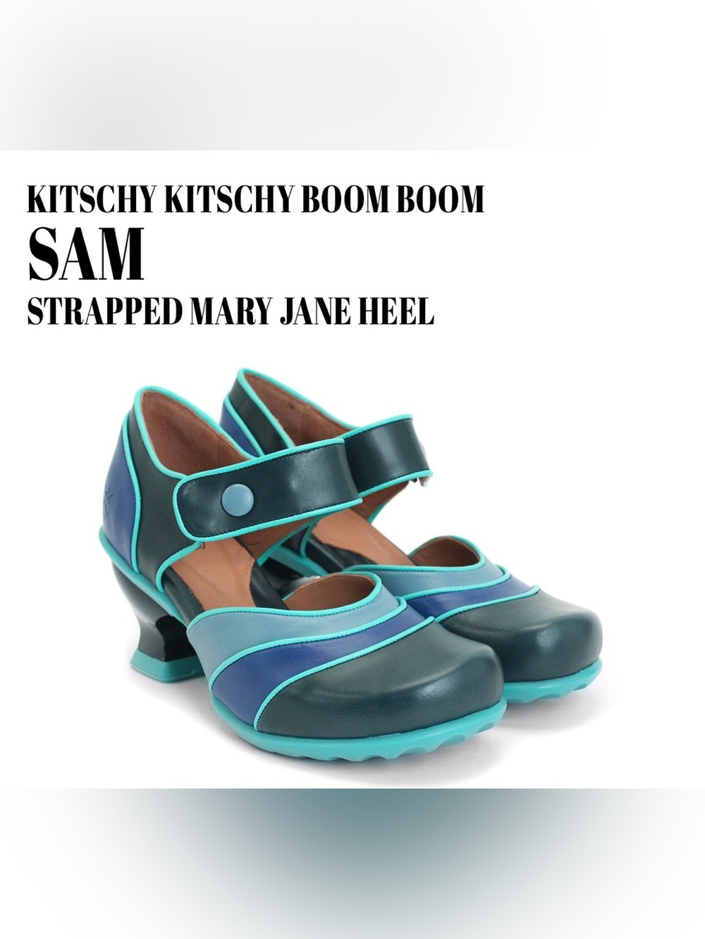 Fluevog NEARLY NEW KKBB Sam blue/navy/teal snap strap MJ heel- 9.5 (fits 9)